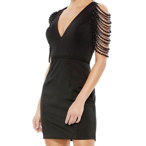 Mac Duggal IEENA 10 V-neck Beaded Sleeve Mini Evening Dress Black 26526 NWT RARE - Picture 9 of 16